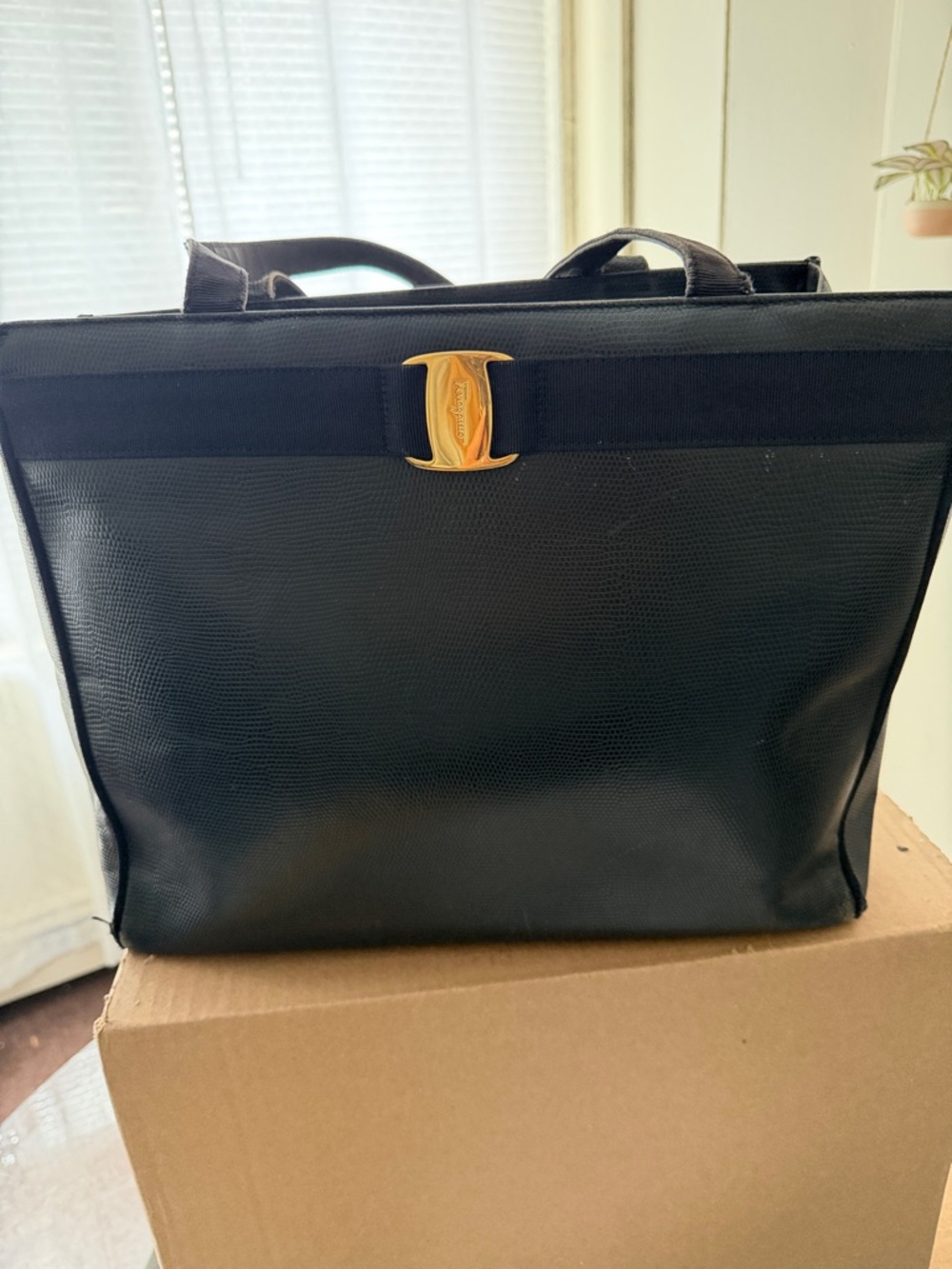 Salvatore Ferragamo Black Leather Tote with Gold Gancini Accent authentic